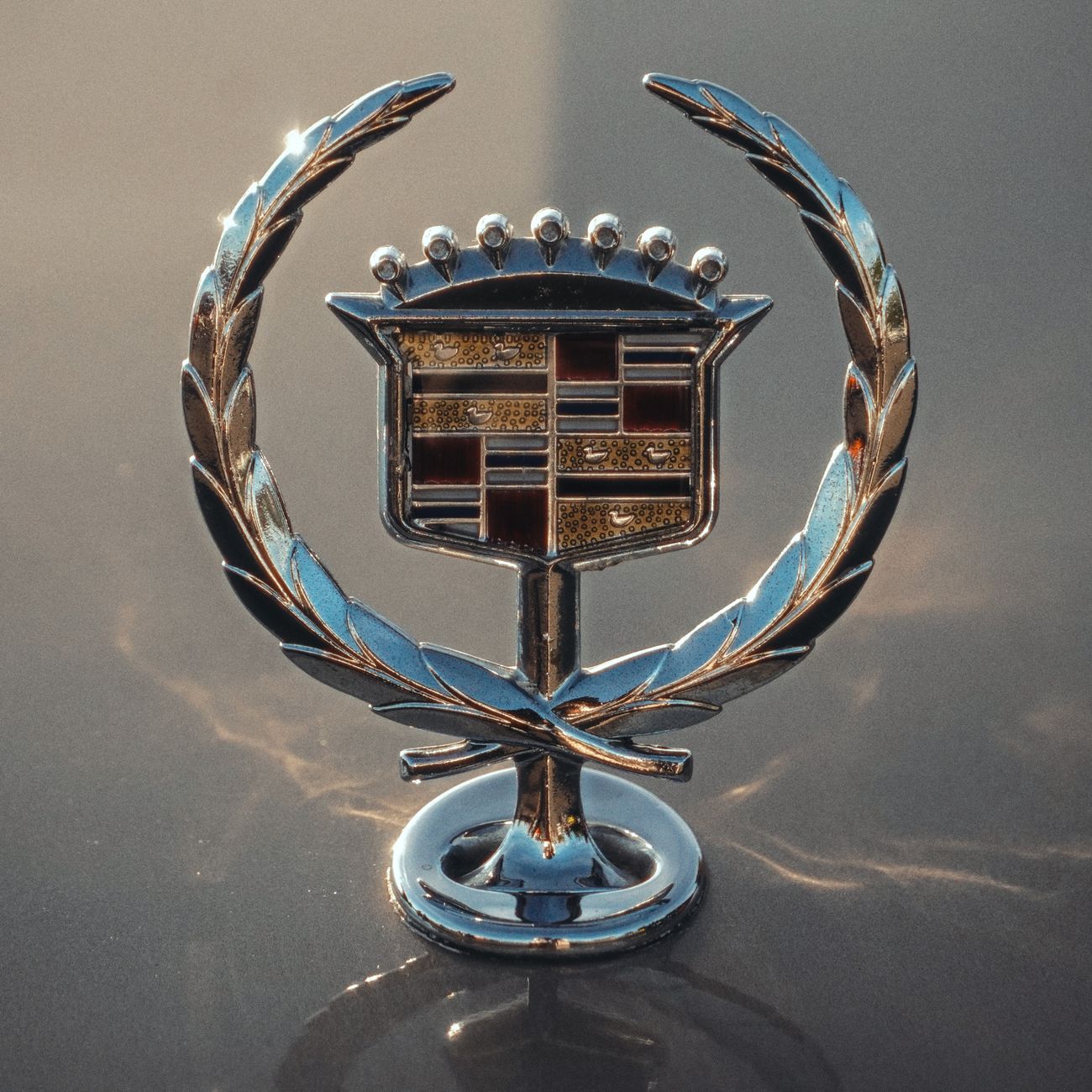 Picture of a chrome emblem on a classic car
