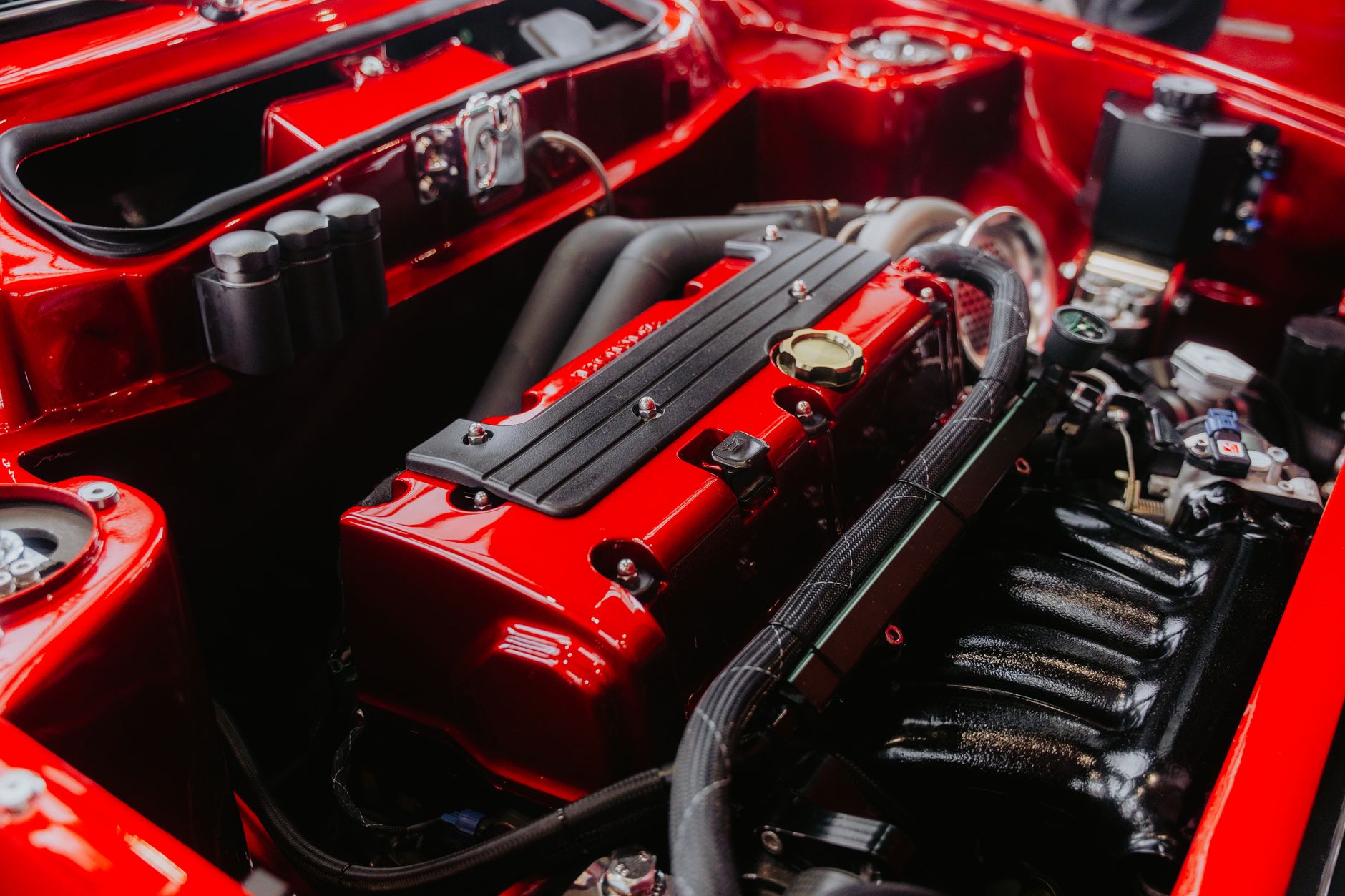 A tidy engine bay showing the engine and its components