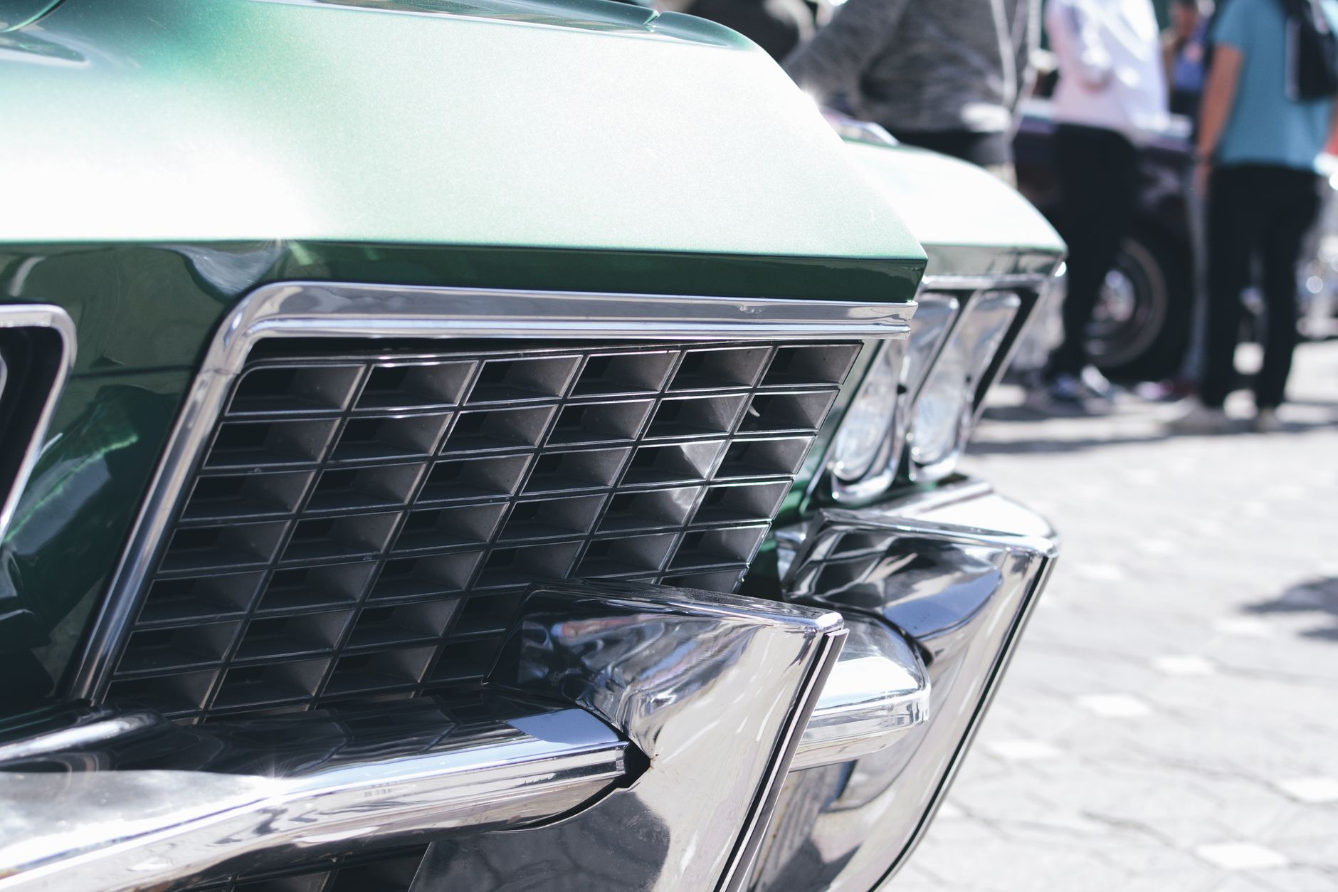 A car grille with shiny chrome details